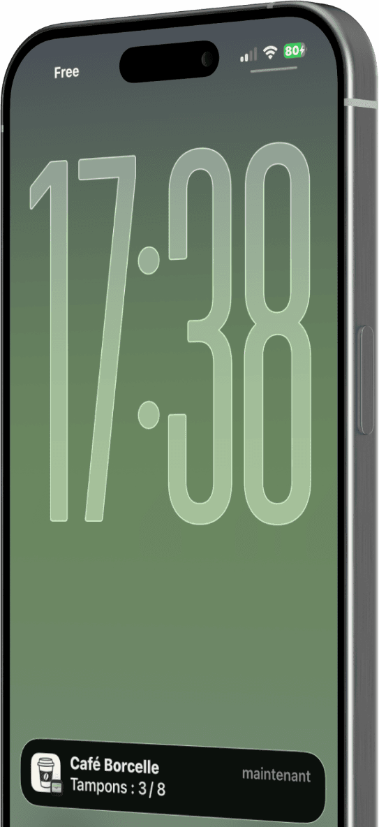 Beside it, a second iPhone on its lock screen at 17:38: a notification from Café Borcelle has just arrived, three stamps out of eight.